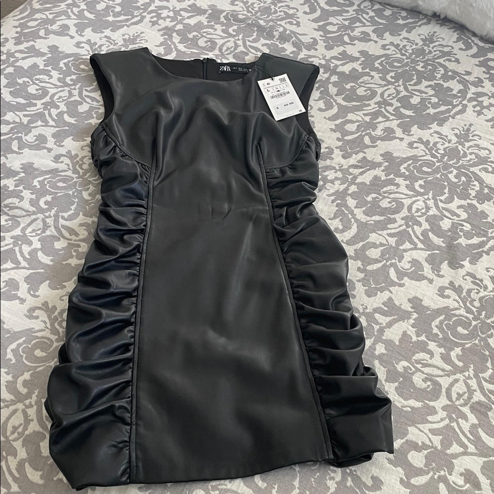 Zara Black Faux Leather Ruched Sheath Dress